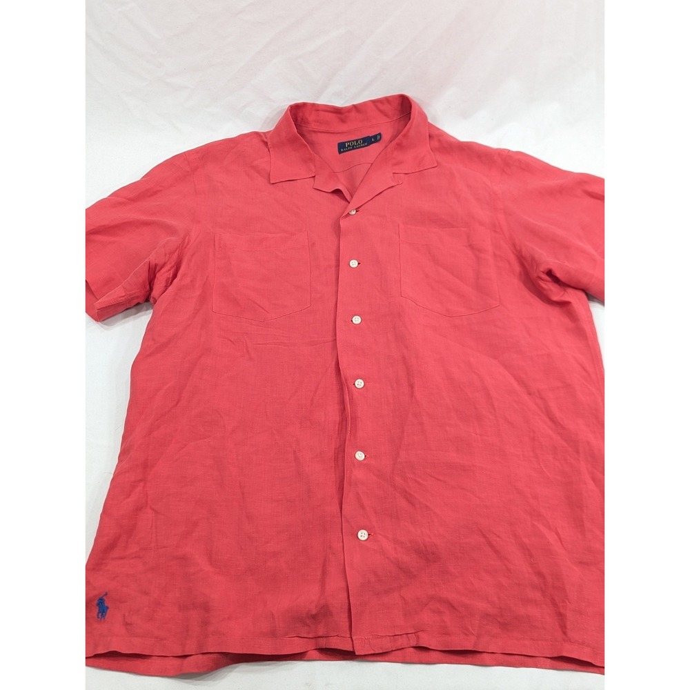 Polo Ralph Lauren Linen Silk Blend Loop Button Up Shirt Short Sleeve Pink‎ Large